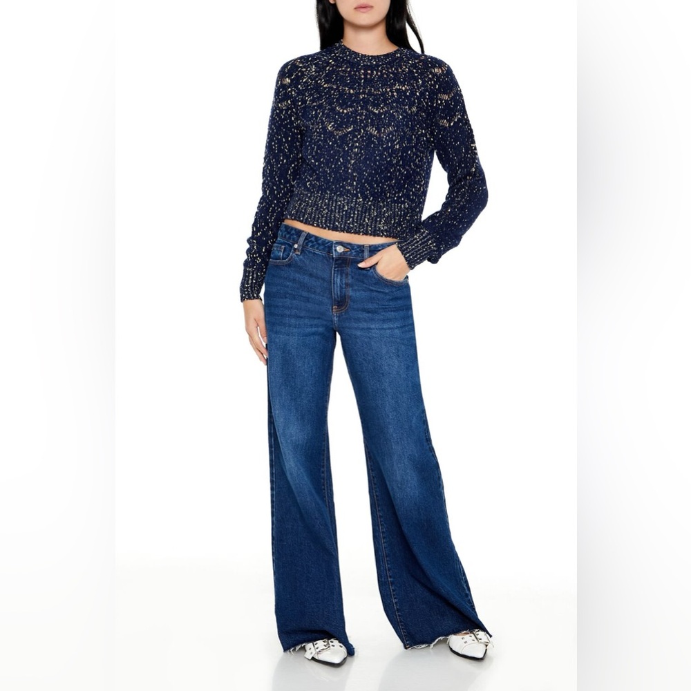 NWT Forever 21 Navy Blue Cropped Sweater With Gold Yarn Detail
